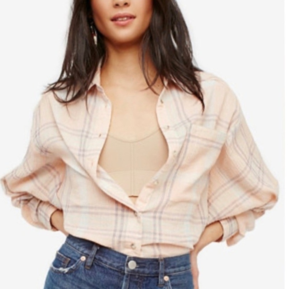 Free People Plaid Button Down Shirt Peach Lavender Gauze Metallic Yoke XS